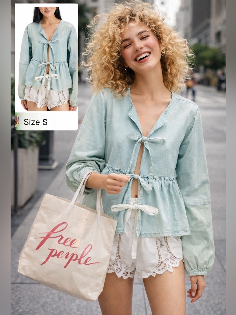 Free People Brunch Babe Light Denim Tie-Front Blouse